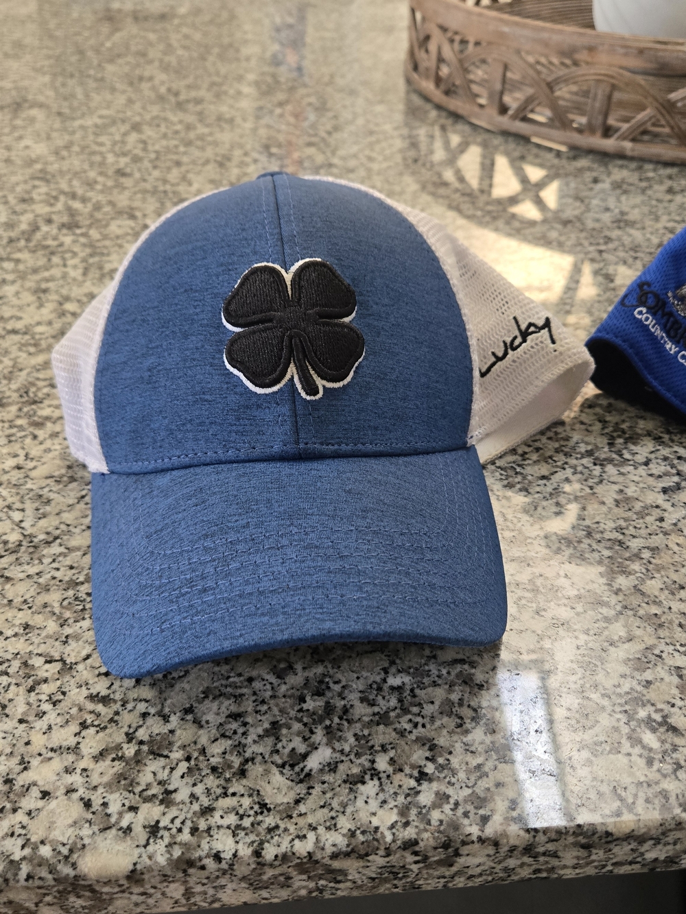 Lucky Brand Blue & White Trucker Hat with Black Shamrock Patch